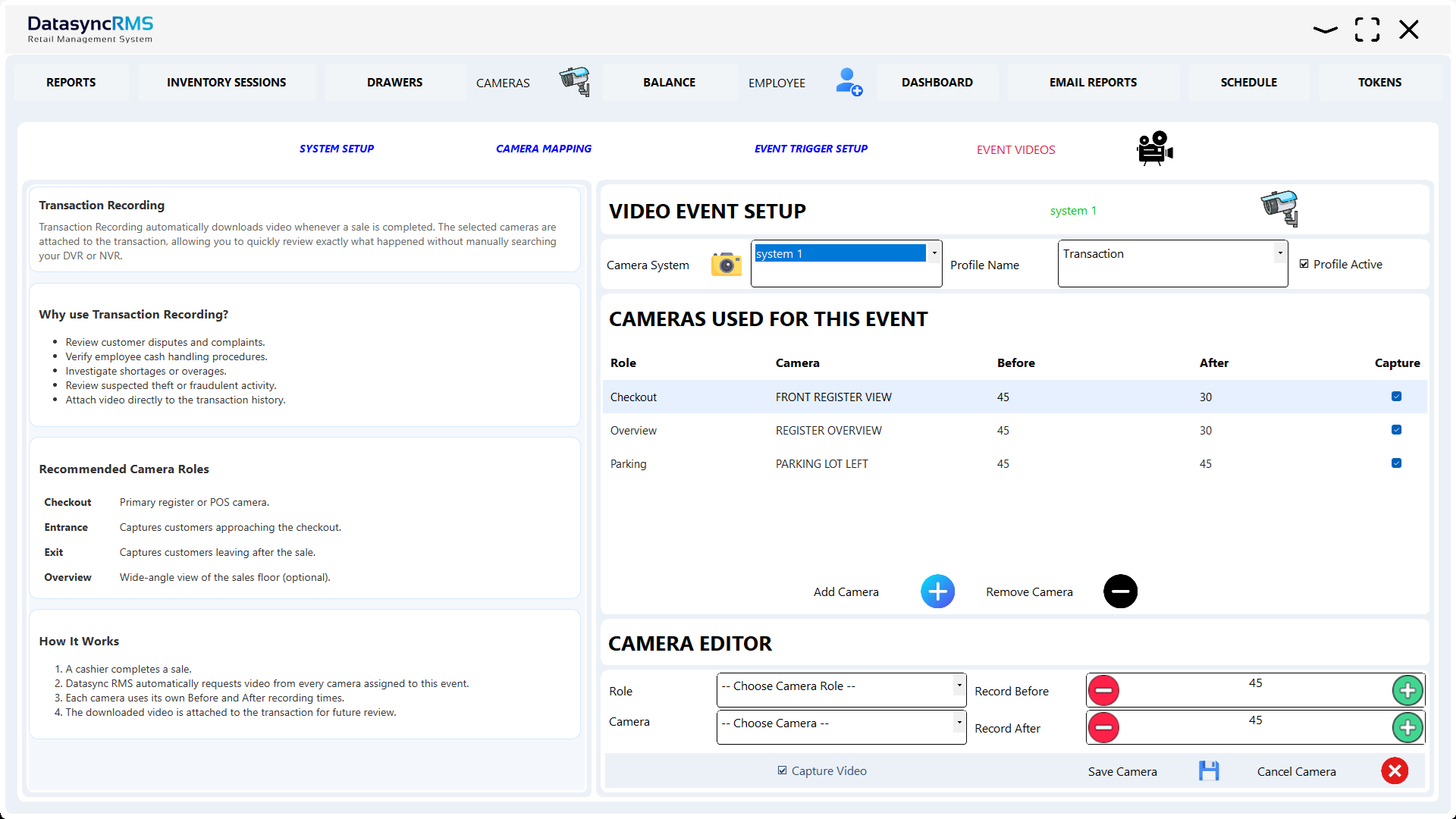 Datasync RMS POS Camera Event Profile Setup software screenshot