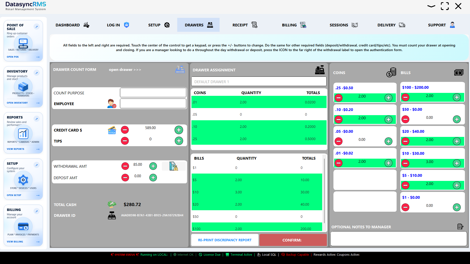 Datasync RMS POS Closing Cash Drawer Count software screenshot