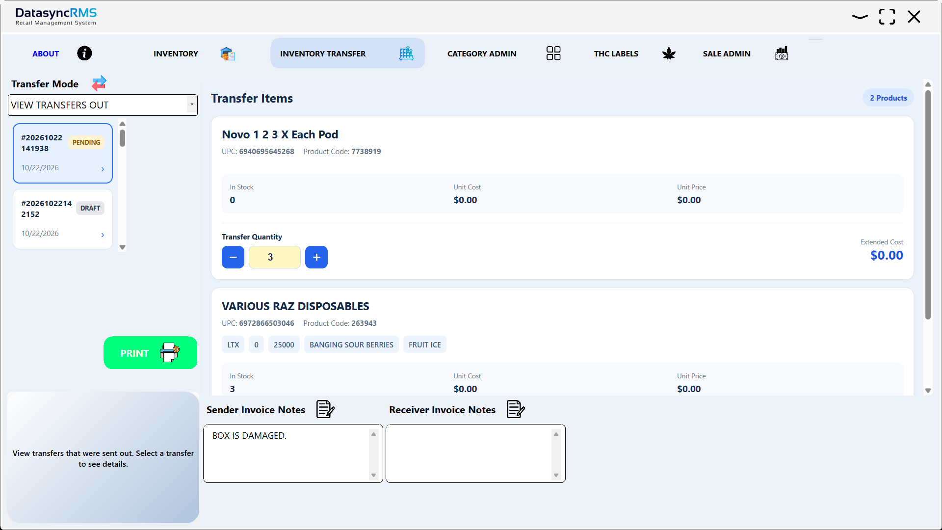 Datasync RMS View Outgoing POS Inventory Transfers software screenshot