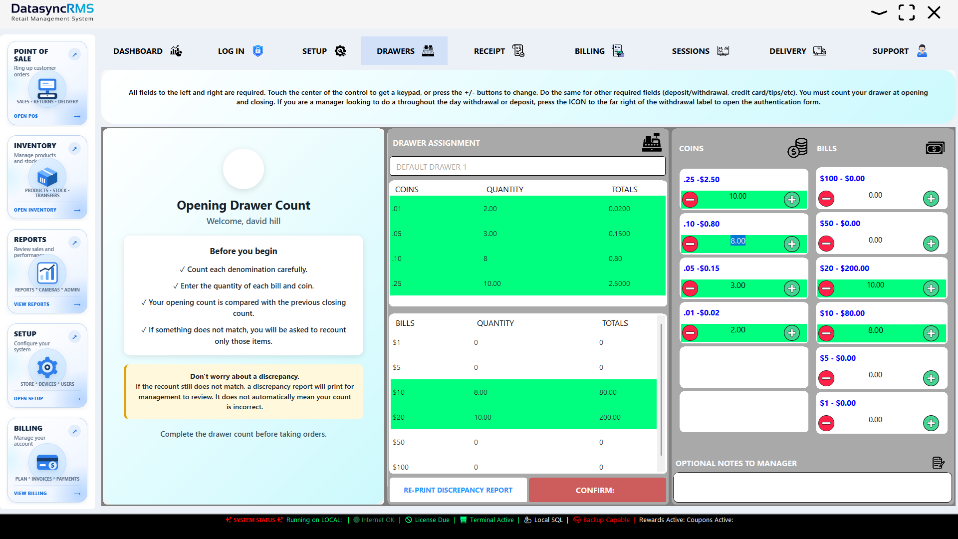 Datasync RMS POS Opening Cash Drawer Count software screenshot